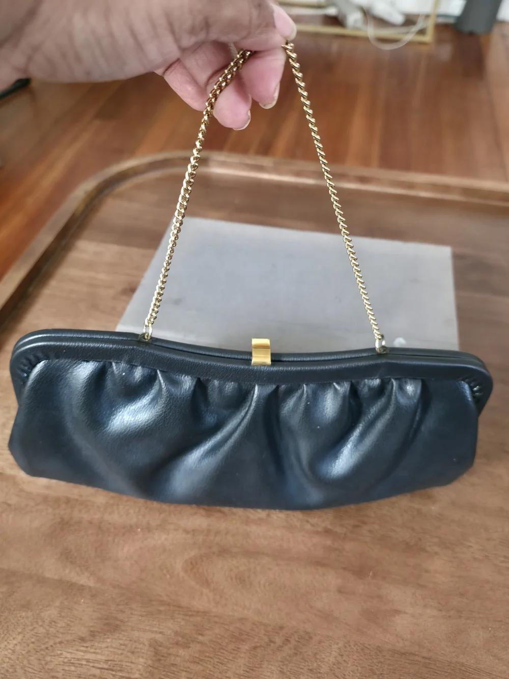 Vintage  Black Leather Clutch with Gold Accent